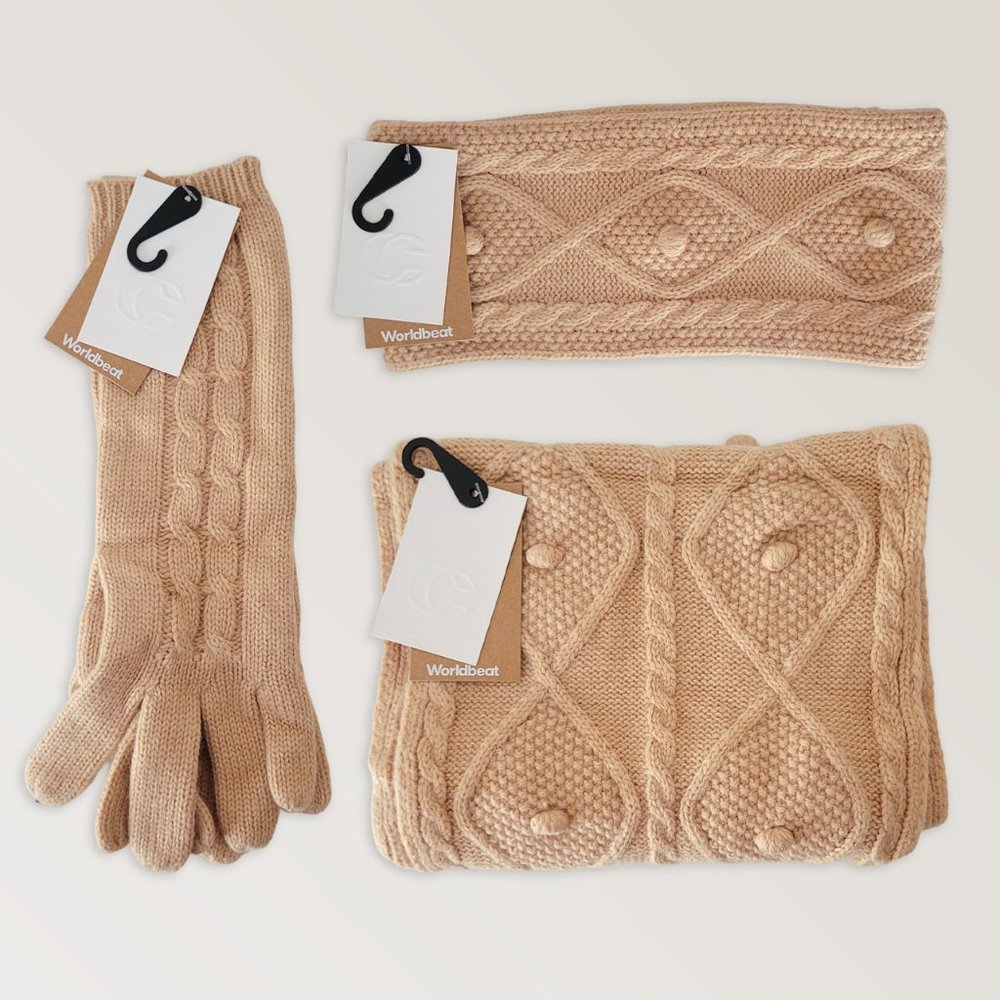 Wool Winter Scarf Gloves & Ear Warmer, Cable Knit Warm Matching Set
